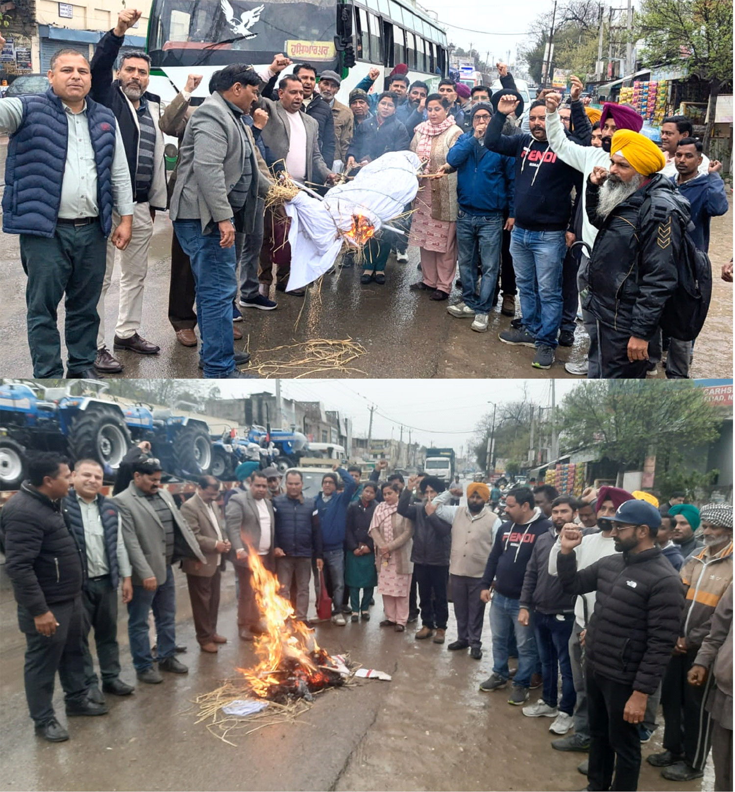 The effigy of the Education Minister was burnt in the rain.